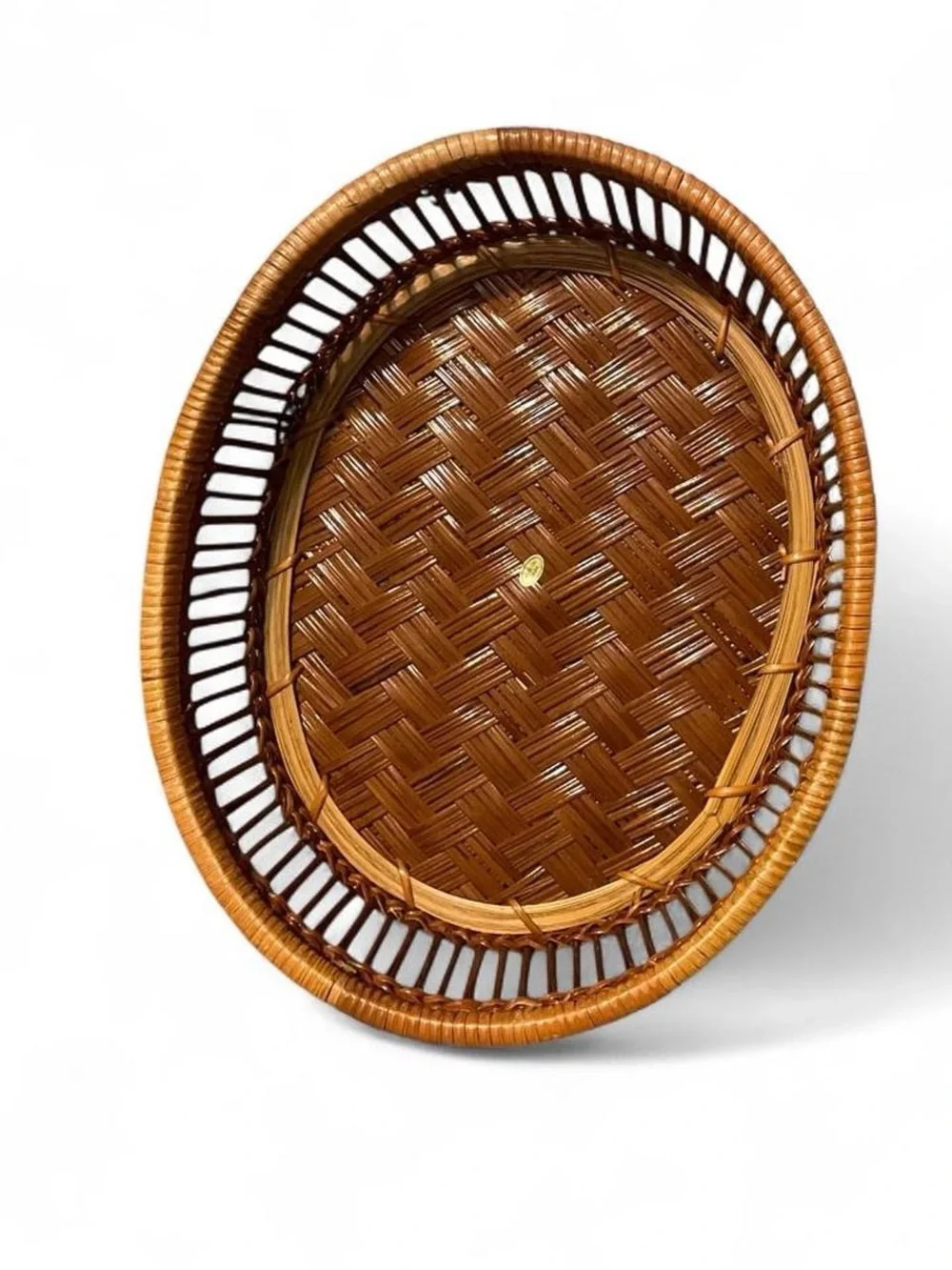 Vintage Wood Wicker Oval Basket Tray Herringbone Weave